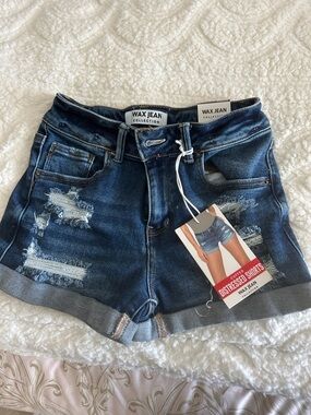 Wax Jean Dark Indigo Distressed Rolled-Hem Denim Shorts